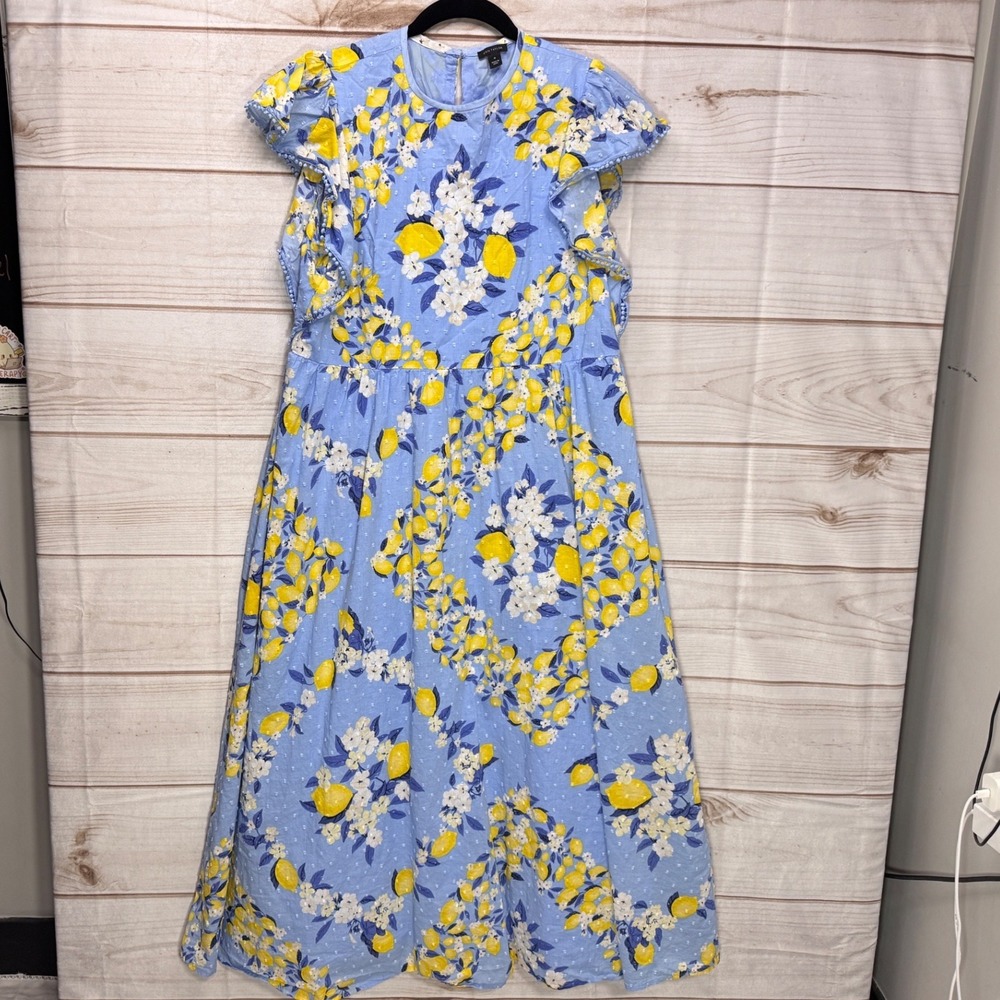 Ann Taylor Midi Dress Womens Medium Blue Lemon Print Good Flutter Sleeve Cotton